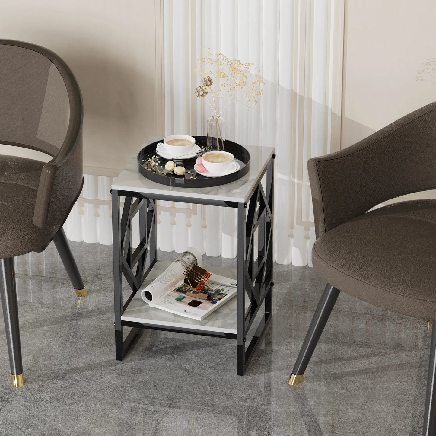 Marble Top End Table, Nightstand, Black Coated Frame