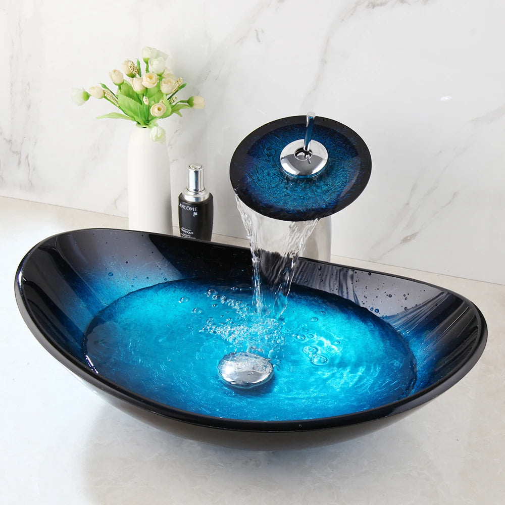Oval Blue Tempered Glass Sink, Waterfall Black Faucet Tap, Above Counter Basin