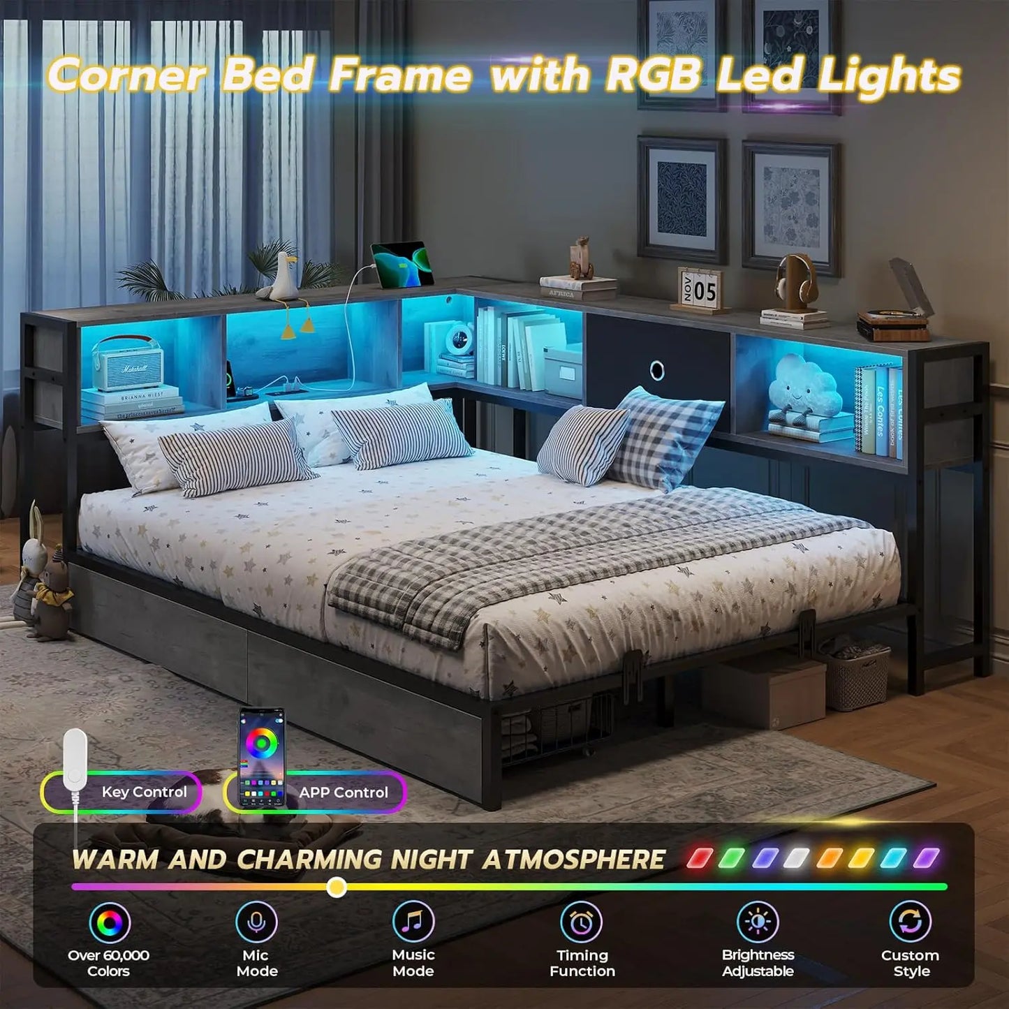 Corner Full Bed Frame, Bookcase Storage, Led Lights, Storage Drawers, Charging Station