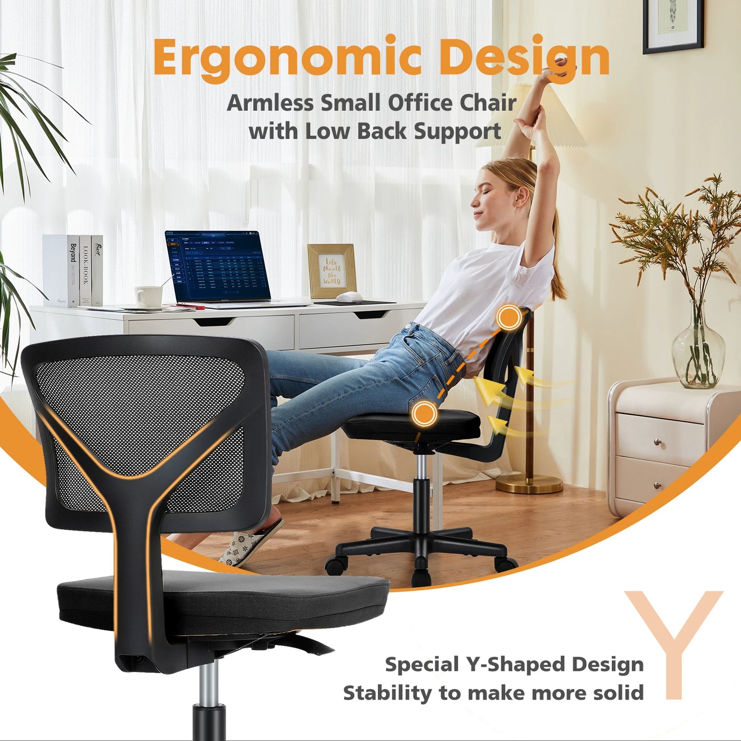 Armless Office Chair, Lumbar Support, Adjustable Height, Swivel