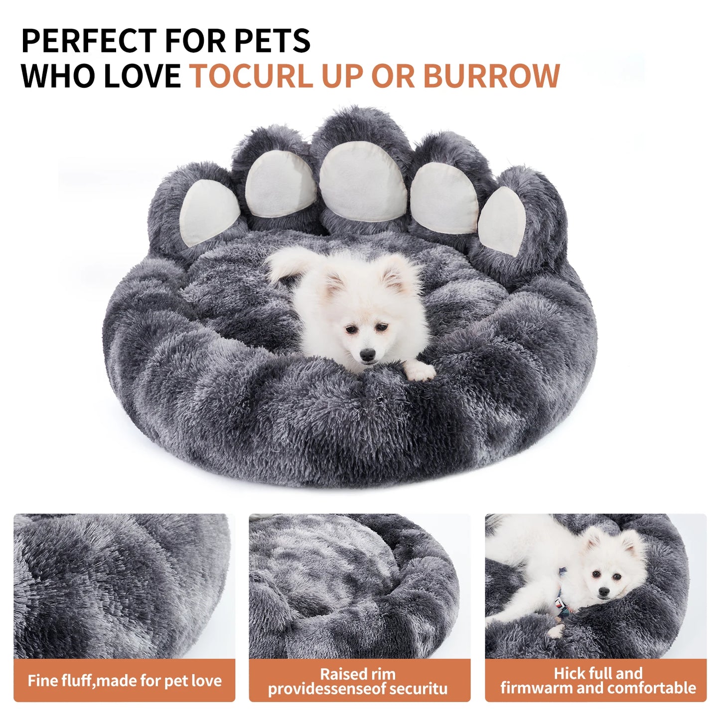 Comfy Pet Dog Or Cat Bed, Paw Shape, Warm, Brown Or Grey, 4 Sizes