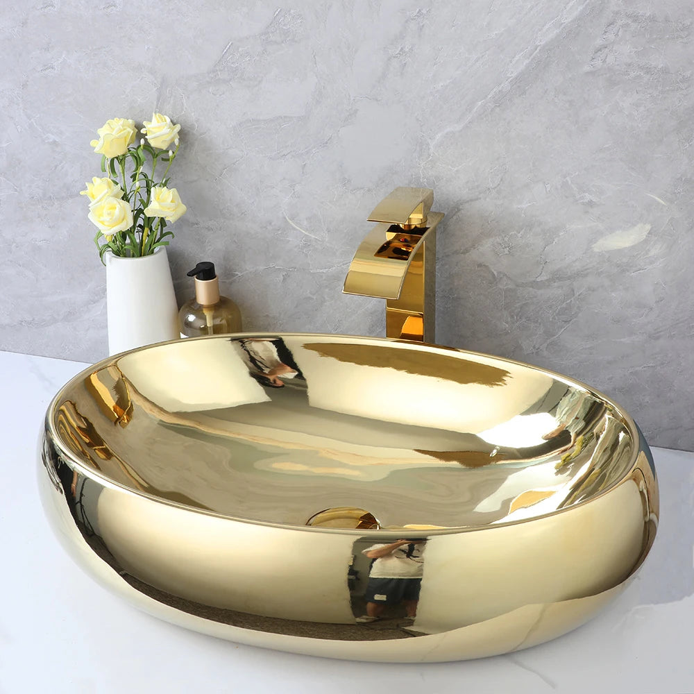 Luxury Oval Bathroom Sink, Gold Ceramic, Above Counter, Waterfall Faucet
