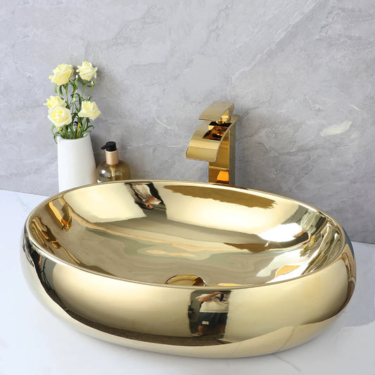 Luxury Oval Bathroom Sink, Gold Ceramic, Above Counter, Waterfall Faucet