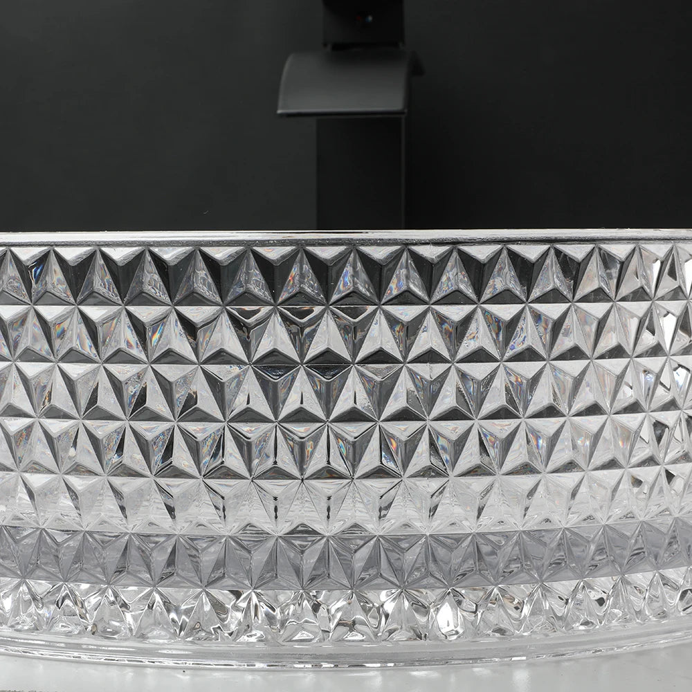 Thick Glass Bathroom Sink, Diamond Shaped Texture W/ Matte Black Faucet