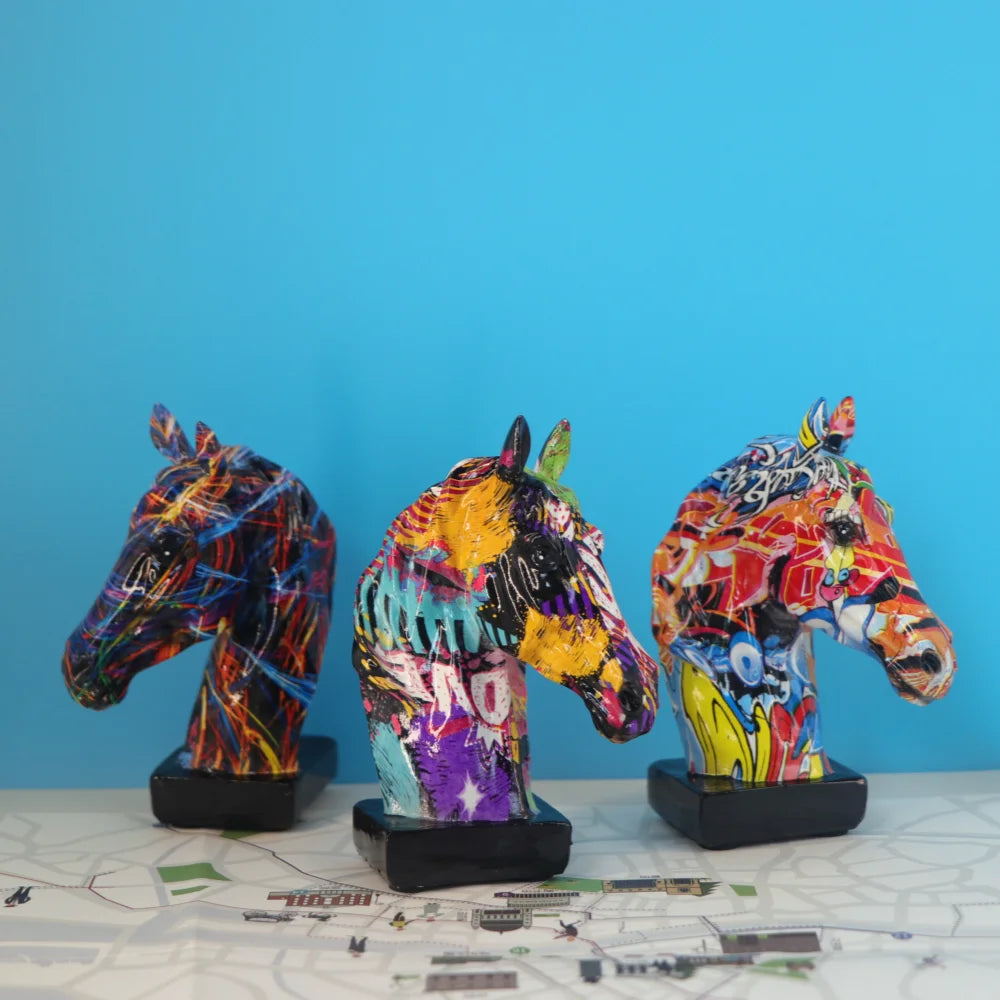 Colorful Horse Head Statue, Resin, Collectible Ornament, Graffiti Art