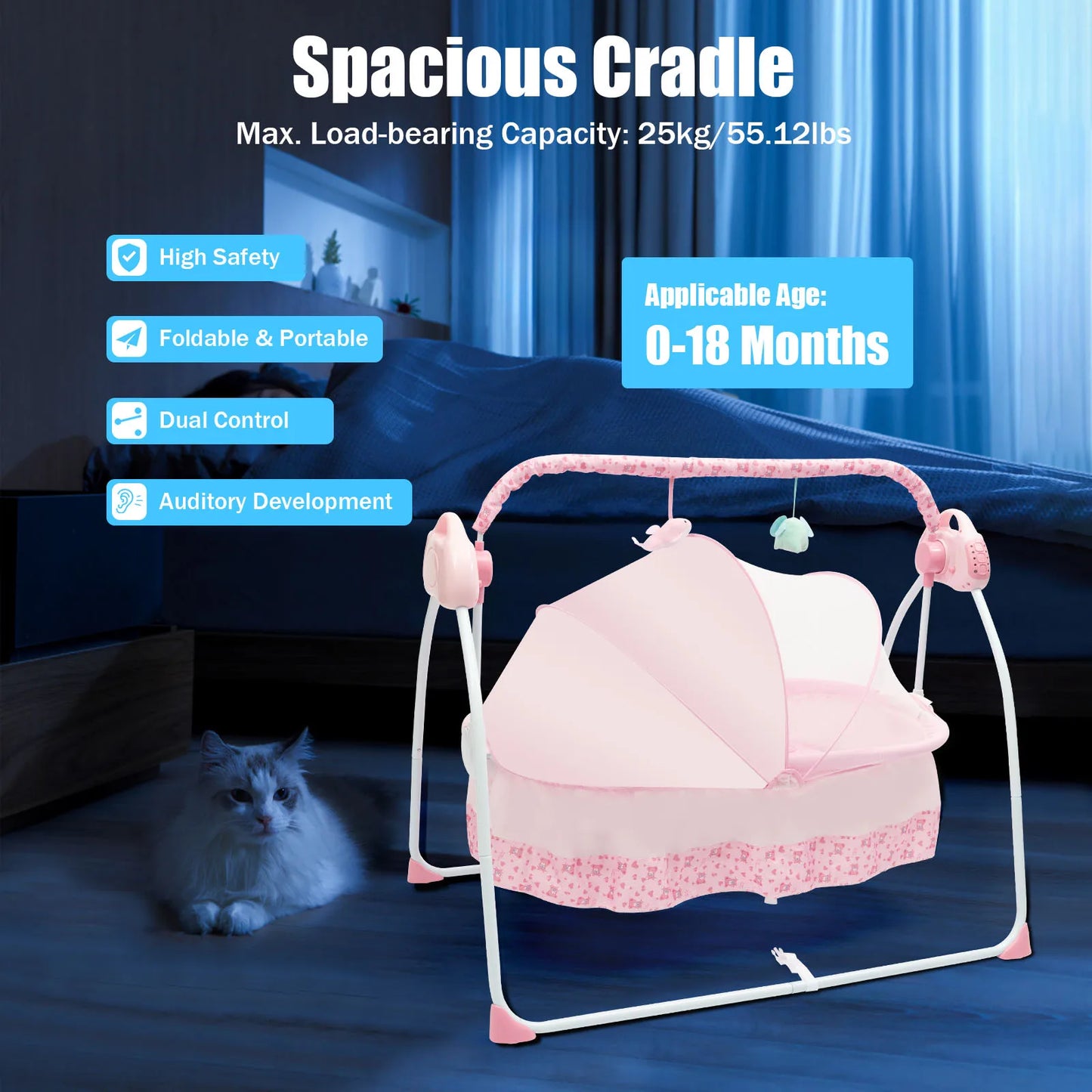 Cradle Swing Sleeping Bed, Auto Rocking, 5 Speed Stand, Musical, 0-18 Months, 3 Colors