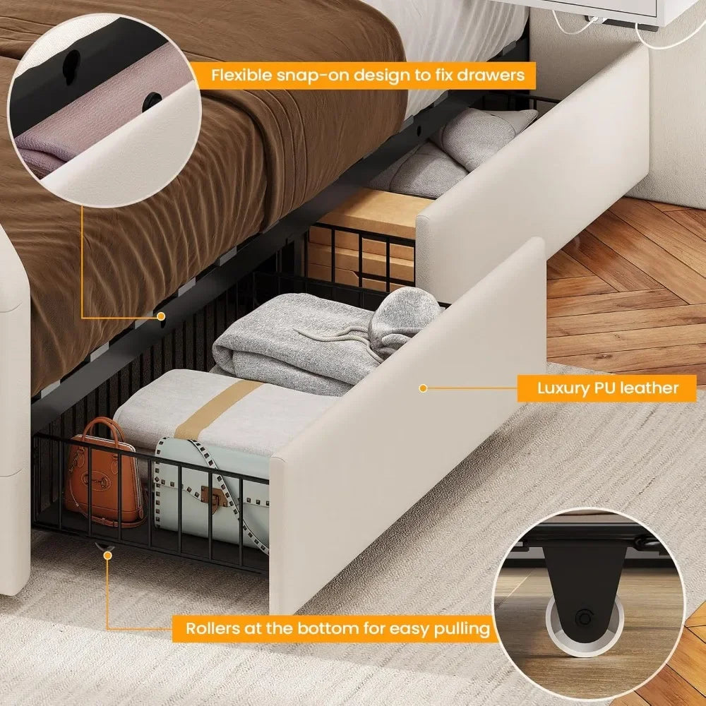 Queen Bed Frame, Headboard, 4 Storage Drawers, Leather Upholstery, Charging Station, LED Lights, 2 Bedside Tables