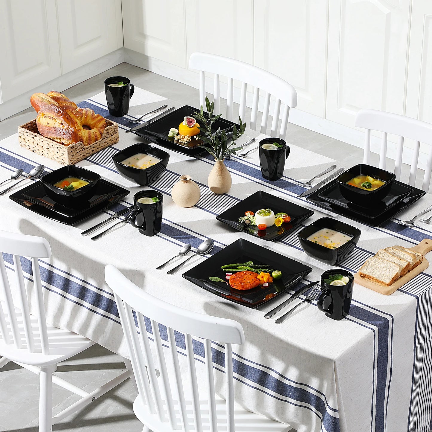 16/32/48 Piece Black Porcelain Square Dinnerware
