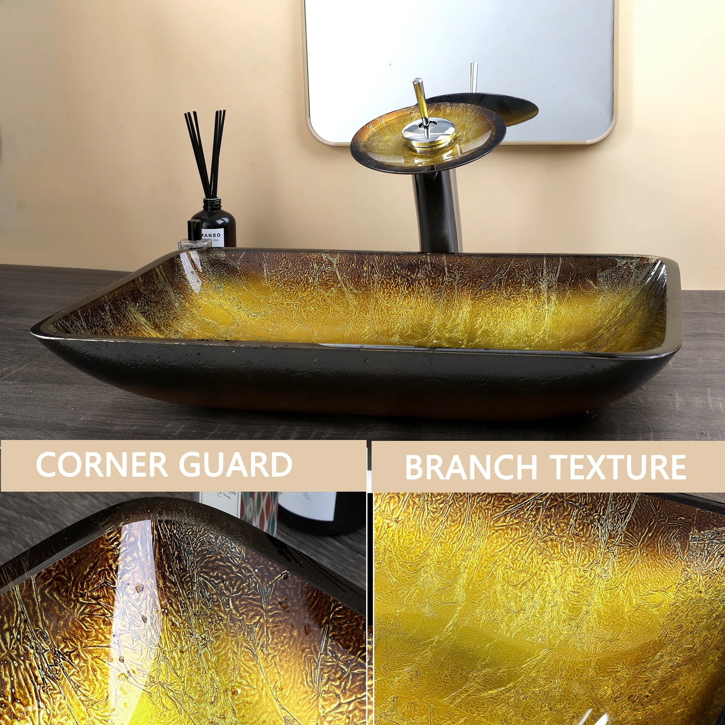 Square Glass Bathroom Sink, Waterfall Faucet