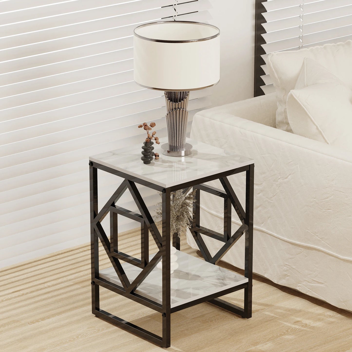 Marble Top End Table, Nightstand, Black Coated Frame