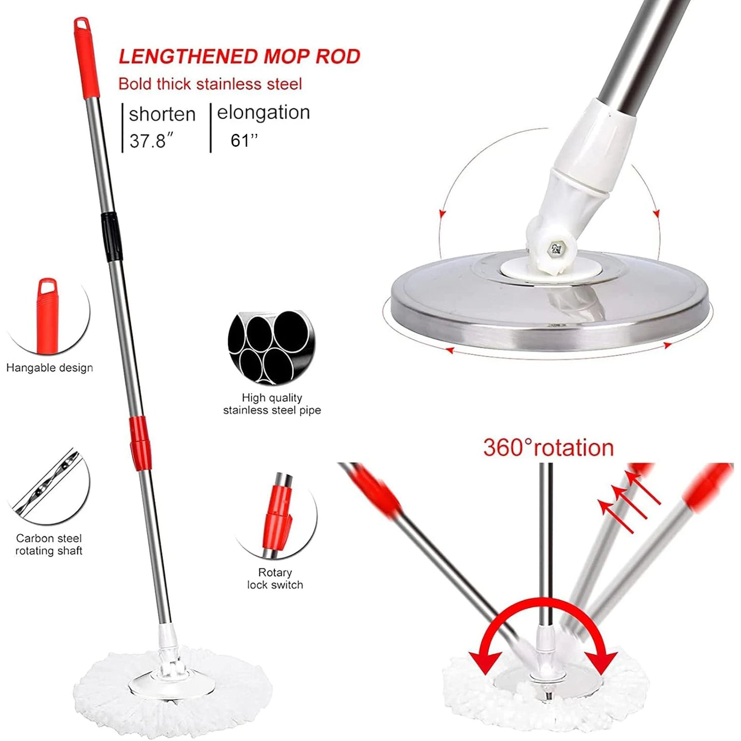 360° Spin Mop Bucket, Wring System, 3 Microfiber Heads, SS Basket, 61" Extended Mop Handle