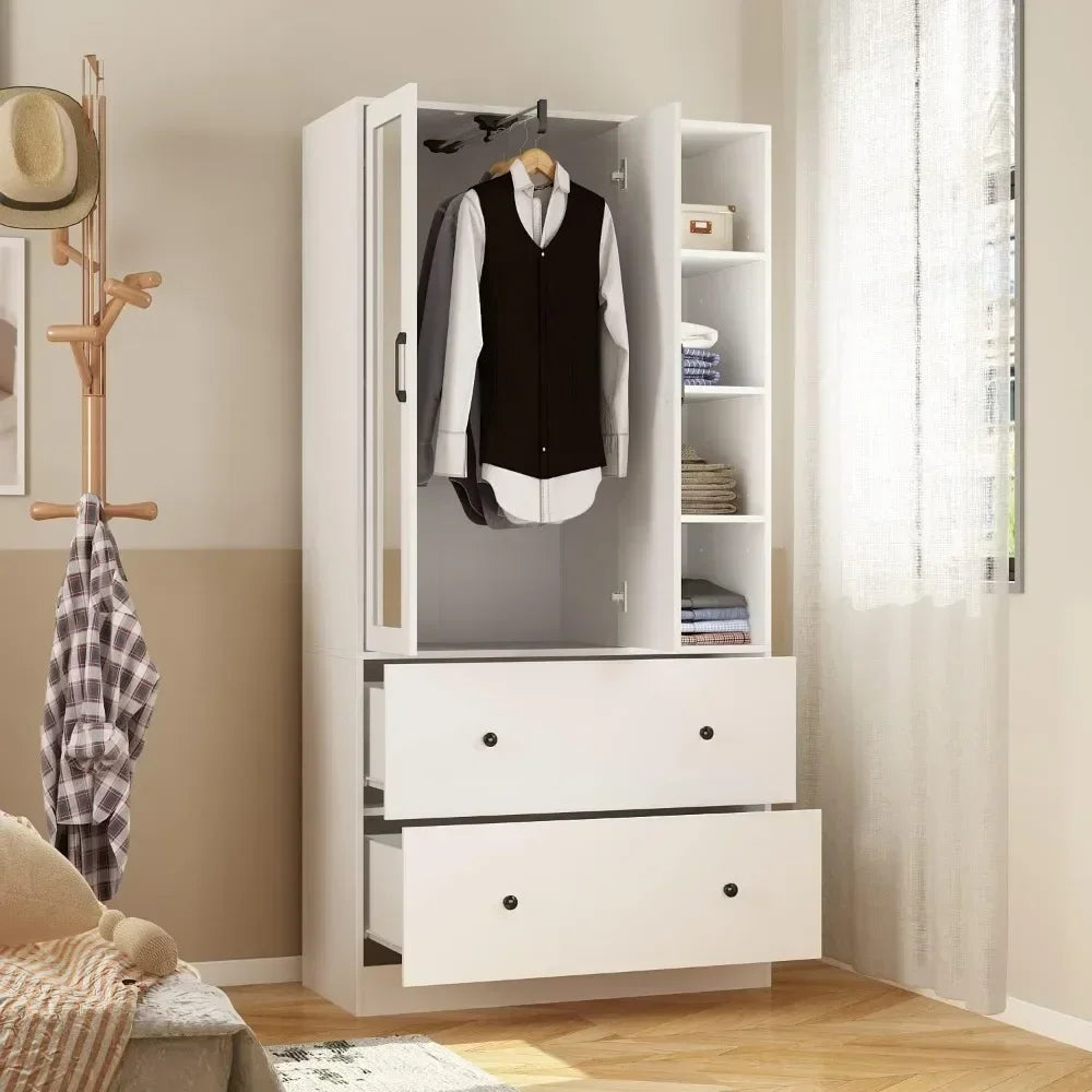 Armoire Closet, Mirror, 2 Door, 2 Drawer, Extendable Hanging Rod
