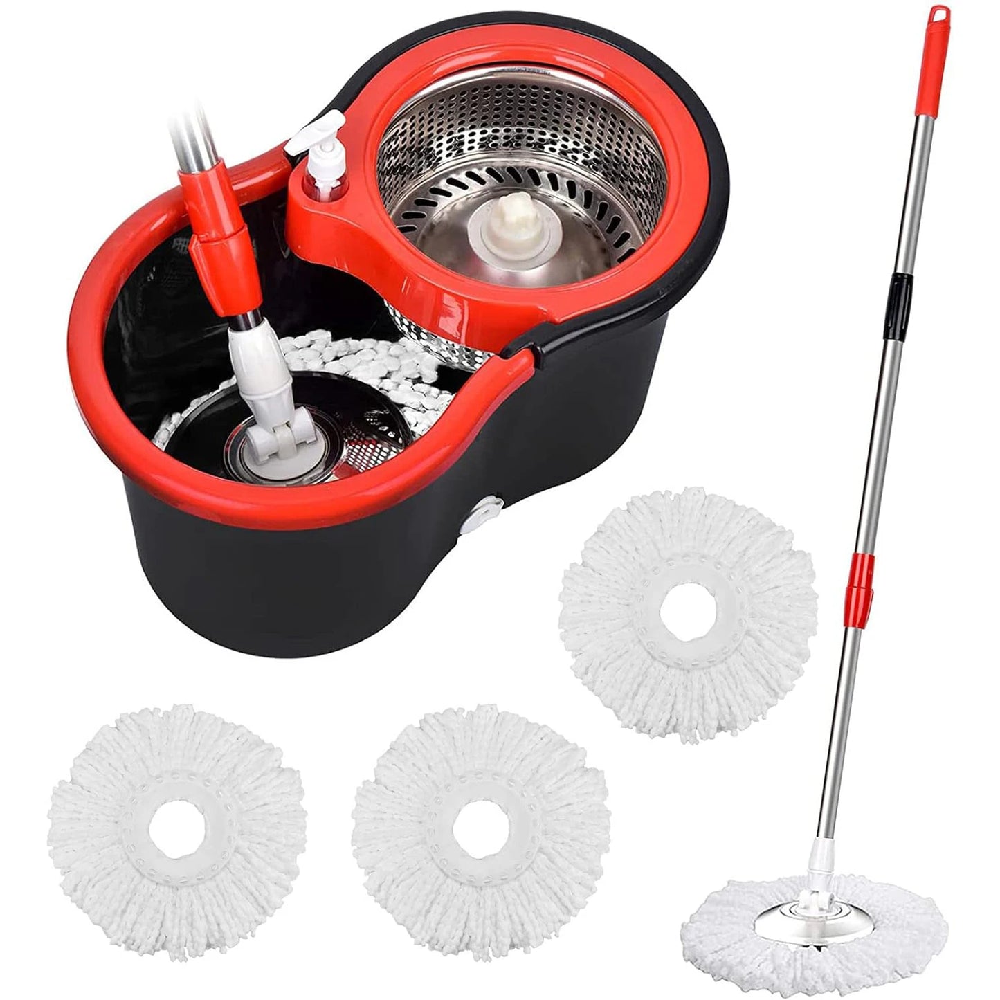 360° Spin Mop Bucket, Wring System, 3 Microfiber Heads, SS Basket, 61" Extended Mop Handle