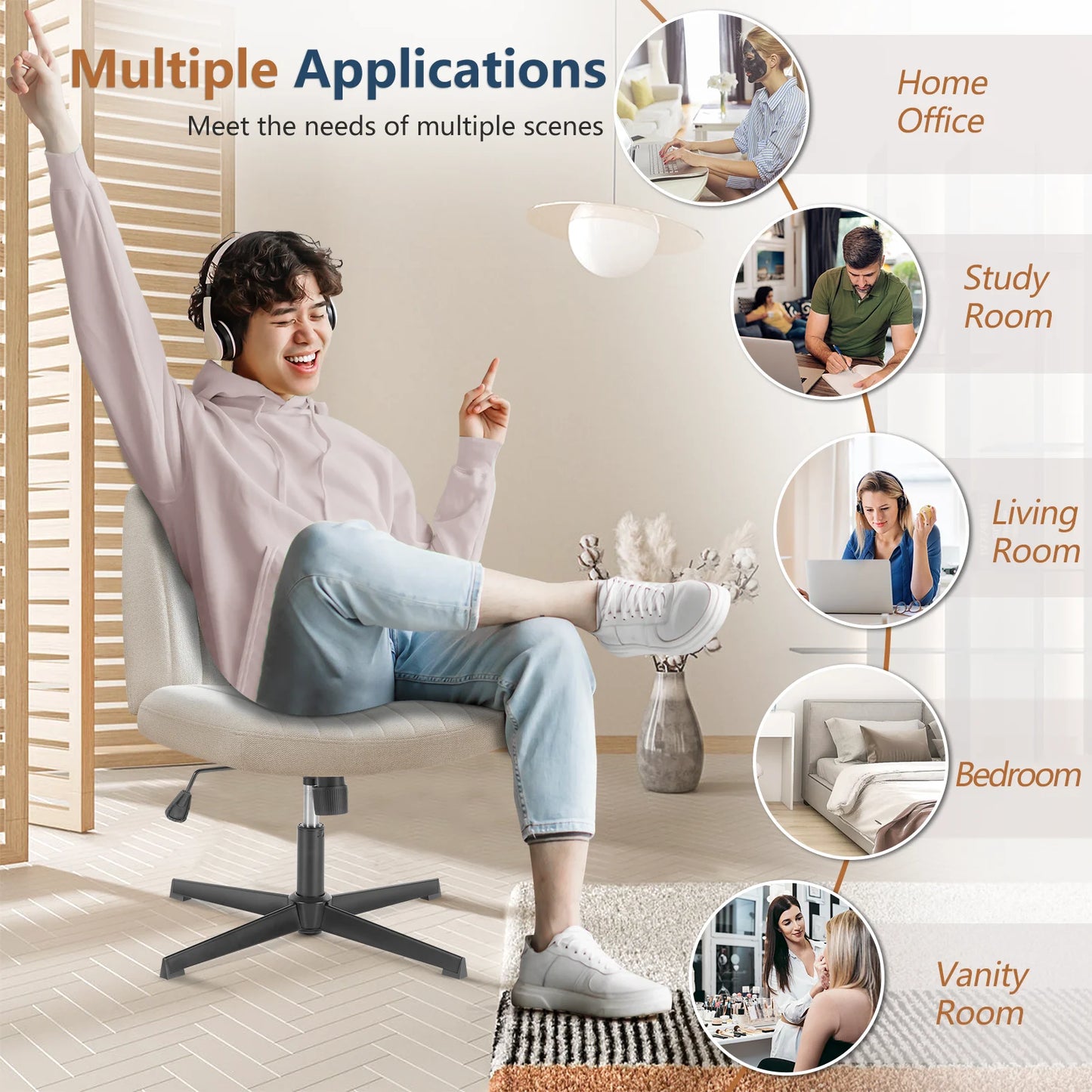 Office Chair, Armless, Wide, Dual-Purpose Base, Adjustable, Swivel, Fabric