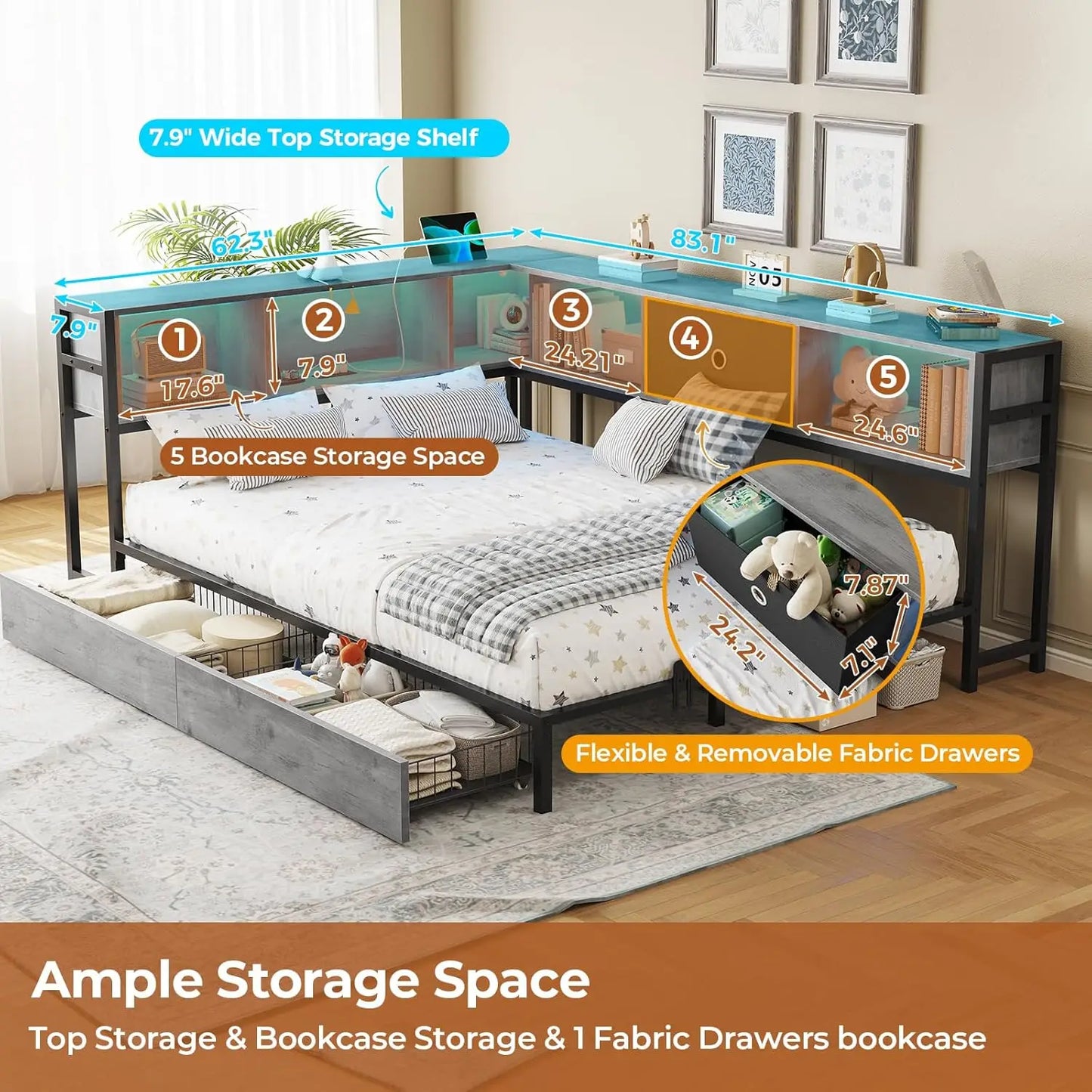 Corner Full Bed Frame, Bookcase Storage, Led Lights, Storage Drawers, Charging Station