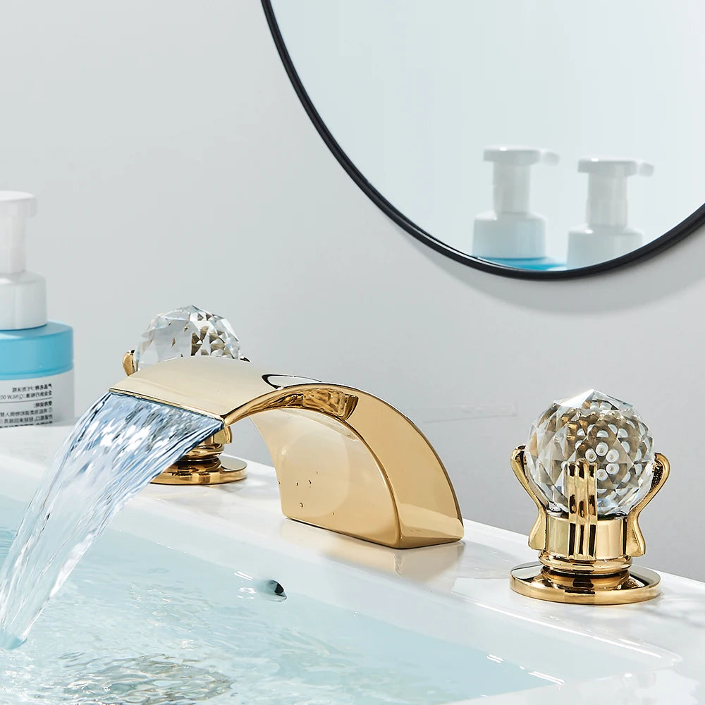 LED Widespread Waterfall Faucet, Gold, Polished, Crystal Knobs
