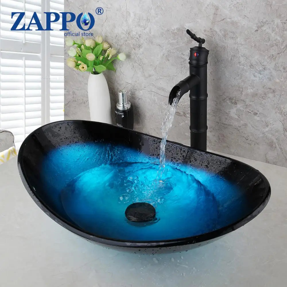 Oval Blue Tempered Glass Sink, Waterfall Black Faucet Tap, Above Counter Basin