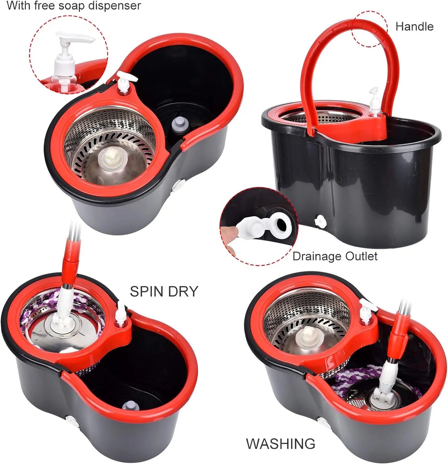 360° Spin Mop Bucket, Wring System, 3 Microfiber Heads, SS Basket, 61" Extended Mop Handle