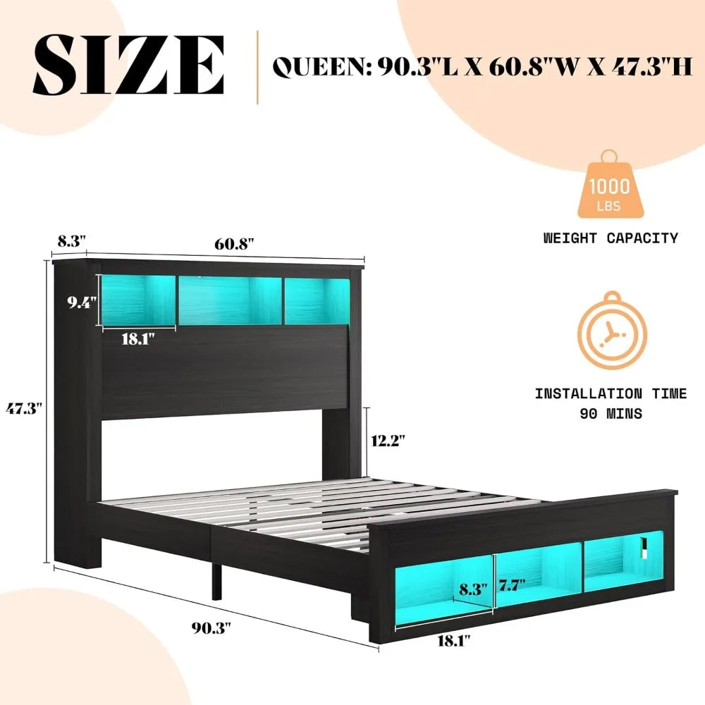 Queen Size Bed, Bookcase Storage Headboard & Footboard, LED Platform Bed Frame, Charging Station