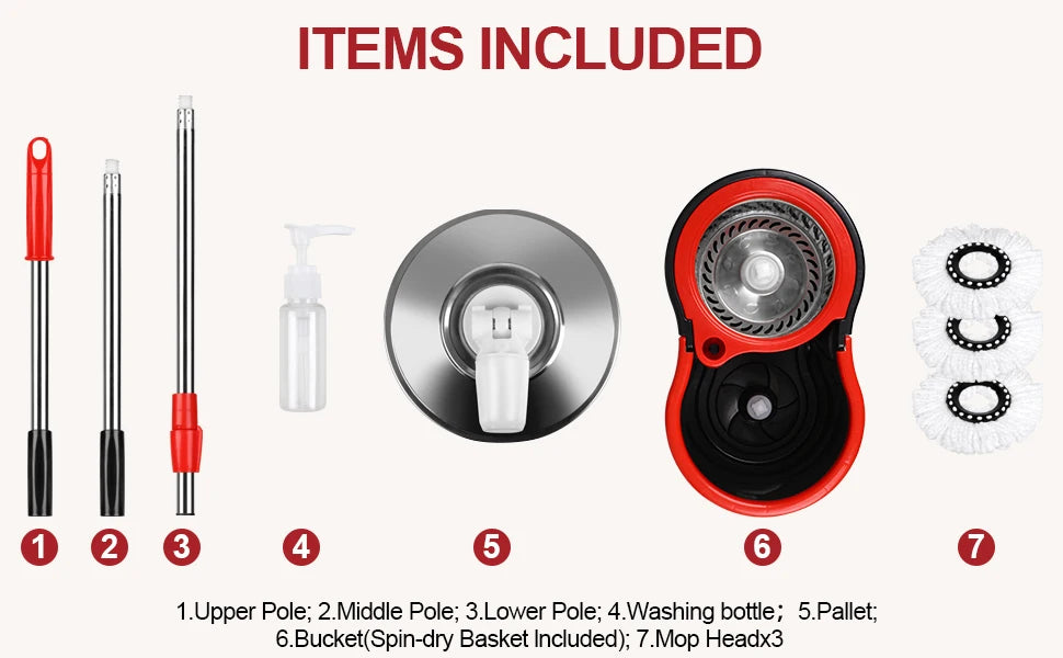 360° Spin Mop Bucket, Wring System, 3 Microfiber Heads, SS Basket, 61" Extended Mop Handle