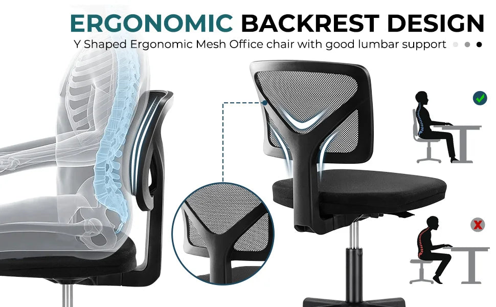 Armless Office Chair, Lumbar Support, Adjustable Height, Swivel