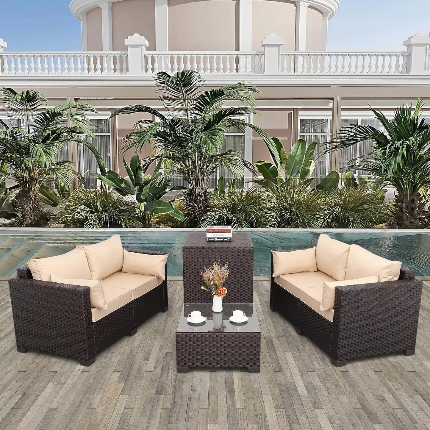 4 Pcs Outdoor Furniture Set, Willow Sofa, Cushions, Coffee Table