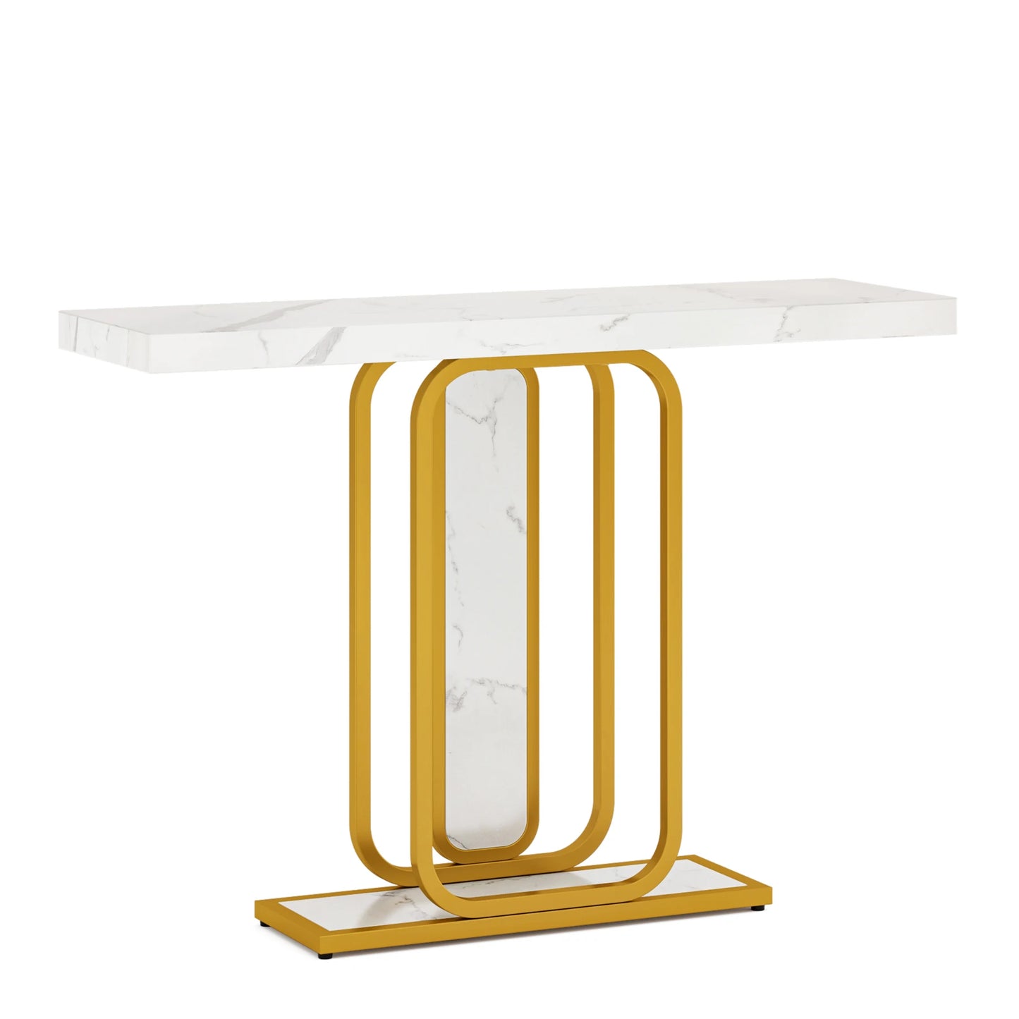 Gold White Entryway Table, LED Lights, Faux Marble, Veneer