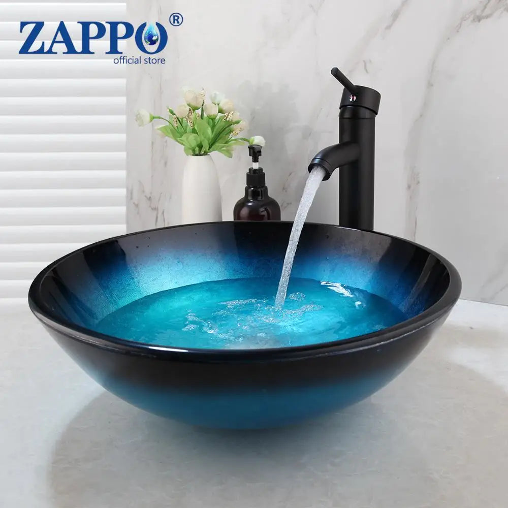 Oval Blue Tempered Glass Sink, Waterfall Black Faucet Tap, Above Counter Basin