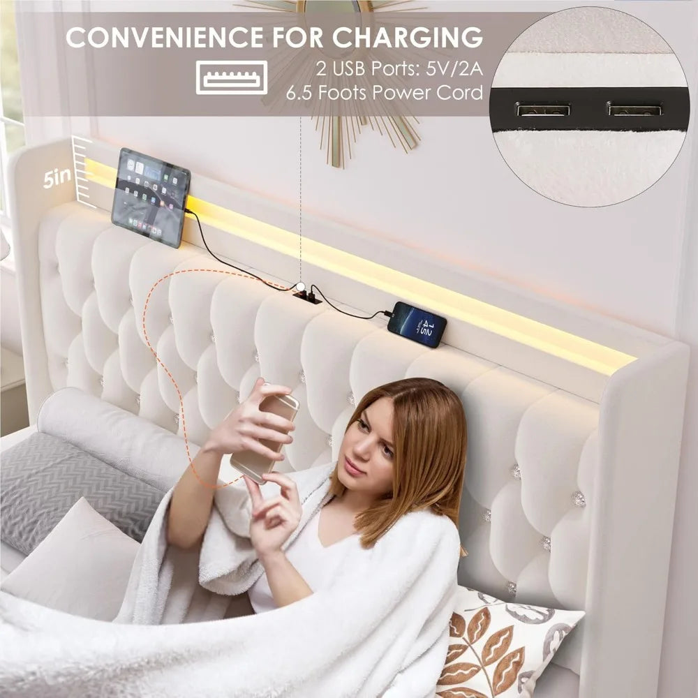 Velvet Upholstered KIng Bed, Charging Station, 4 Storage Drawers, Platform, Metal Frame