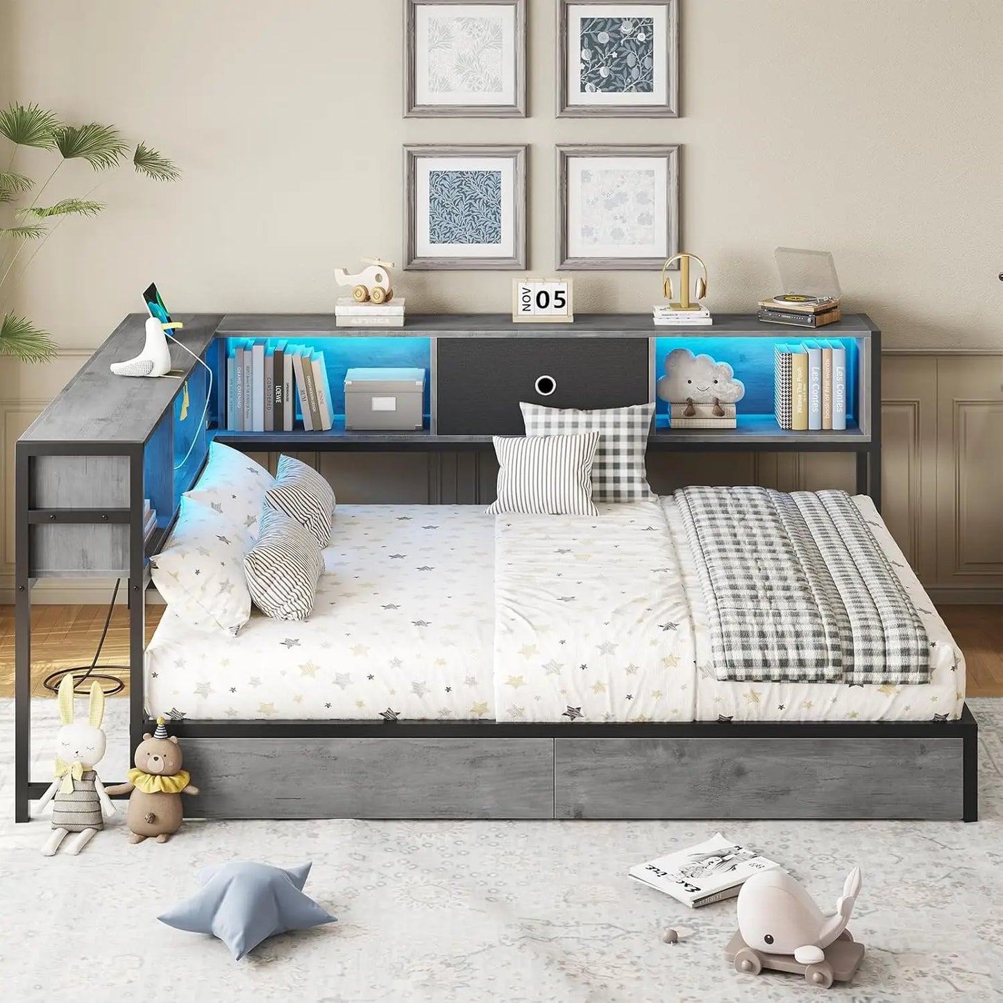 Corner Full Bed Frame, Bookcase Storage, Led Lights, Storage Drawers, Charging Station