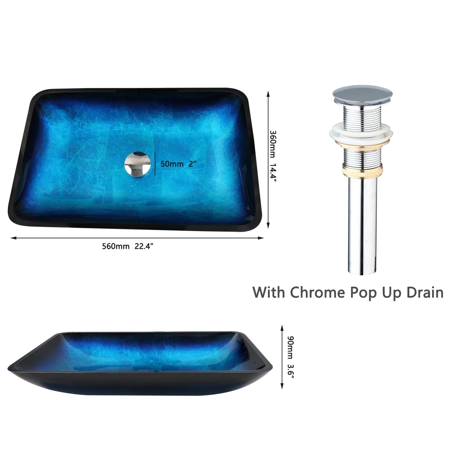 Oval Blue Tempered Glass Sink, Waterfall Black Faucet Tap, Above Counter Basin