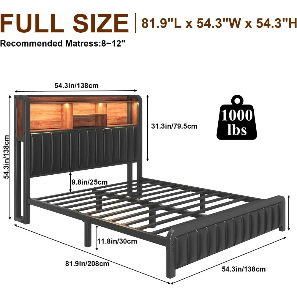 Full Bed, 54.3" Tall 3-Tier Storage Headboard, PU Leather, Metal Platform Frame, LED Lights, Charging Station