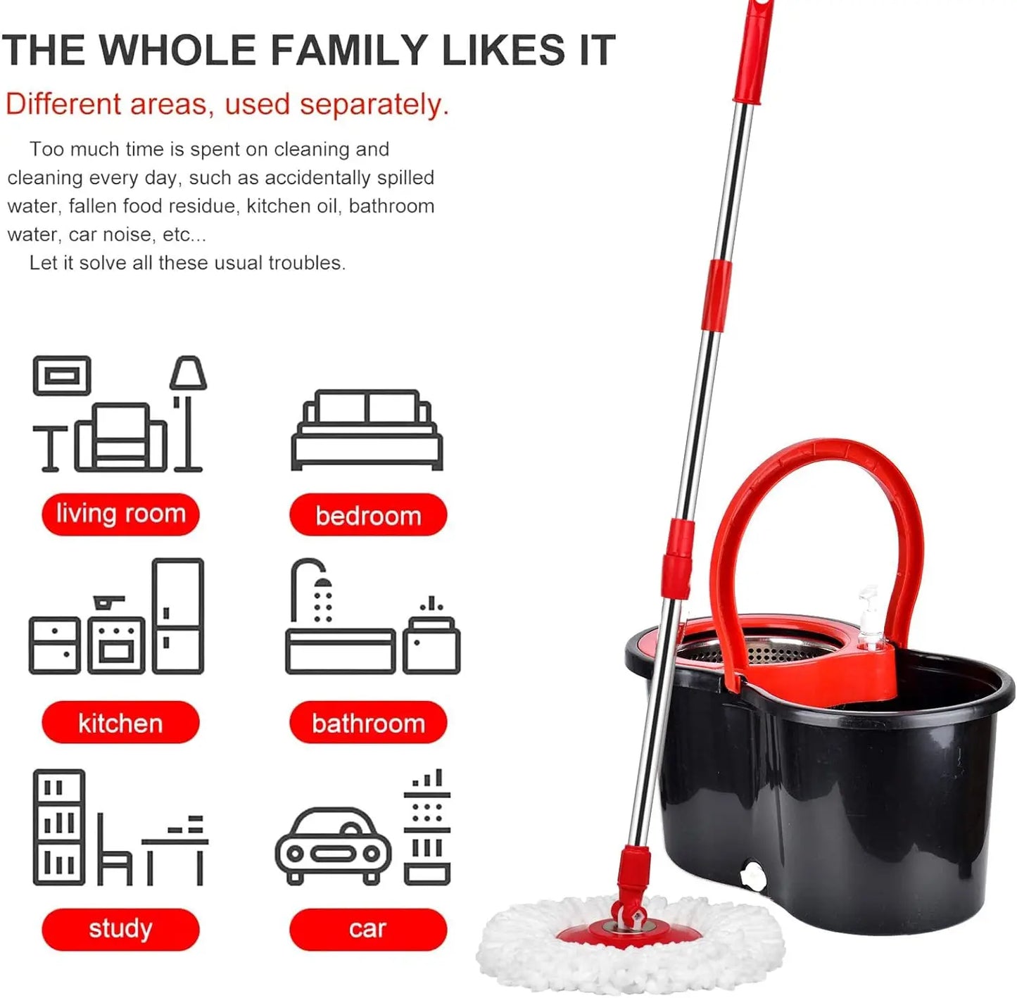 360° Spin Mop Bucket, Wring System, 3 Microfiber Heads, SS Basket, 61" Extended Mop Handle