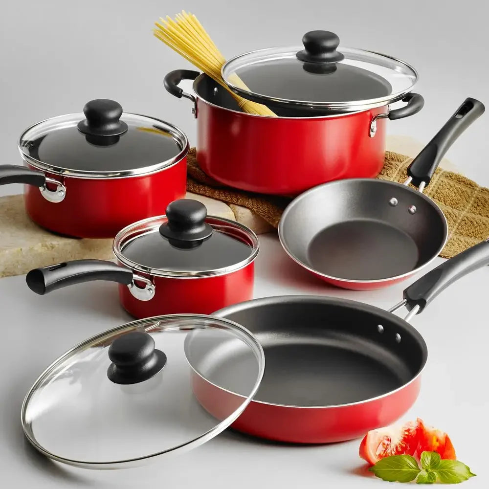 9-Piece Non-Stick Cookware Set, Red, Riveted Handles, Tempered Glass Lids