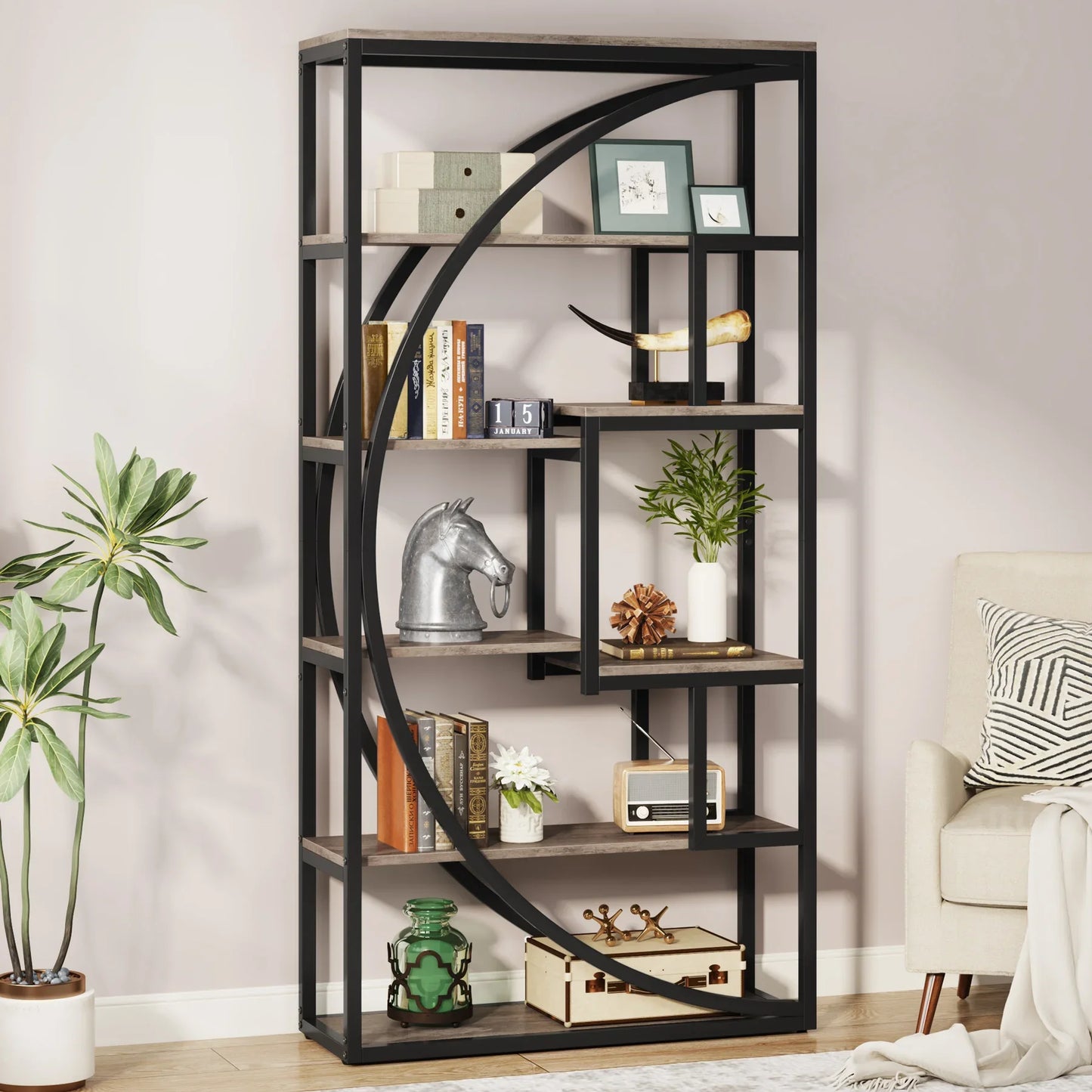 Bookshelf, Industrial, 5-Tier, 70.8" Tall, 8 Open Shelves