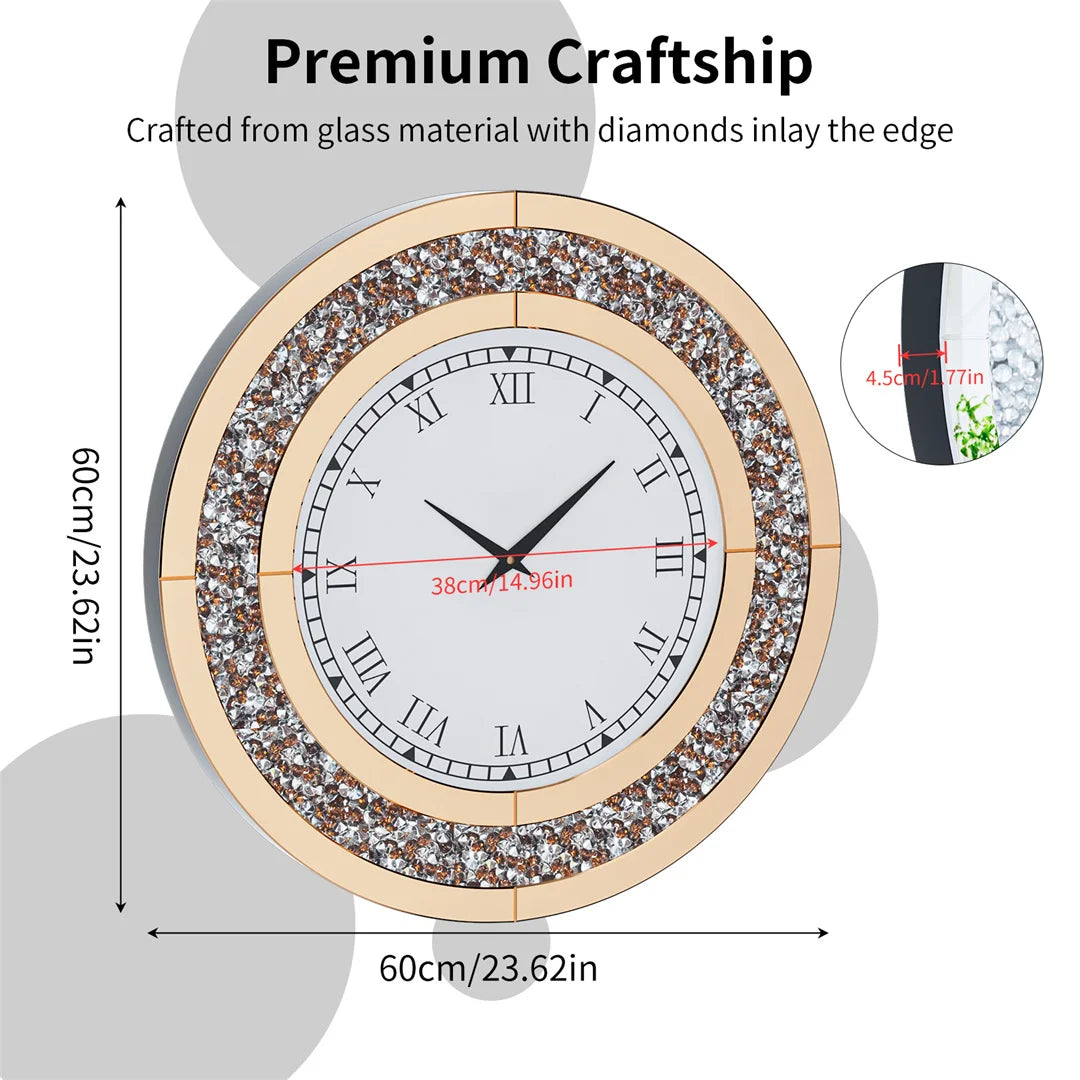 3D Wall Clock, Large Diamond Crystal, Roman Numerals