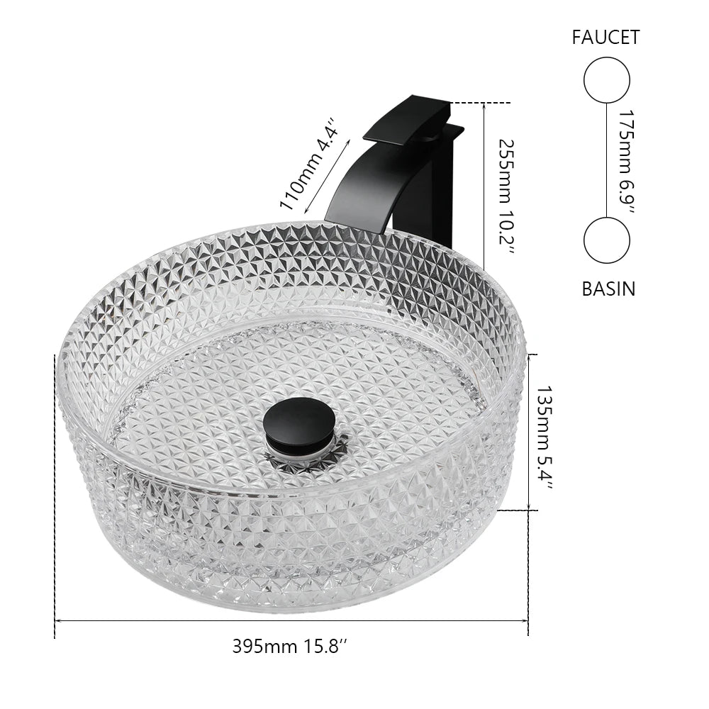 Thick Glass Bathroom Sink, Diamond Shaped Texture W/ Matte Black Faucet