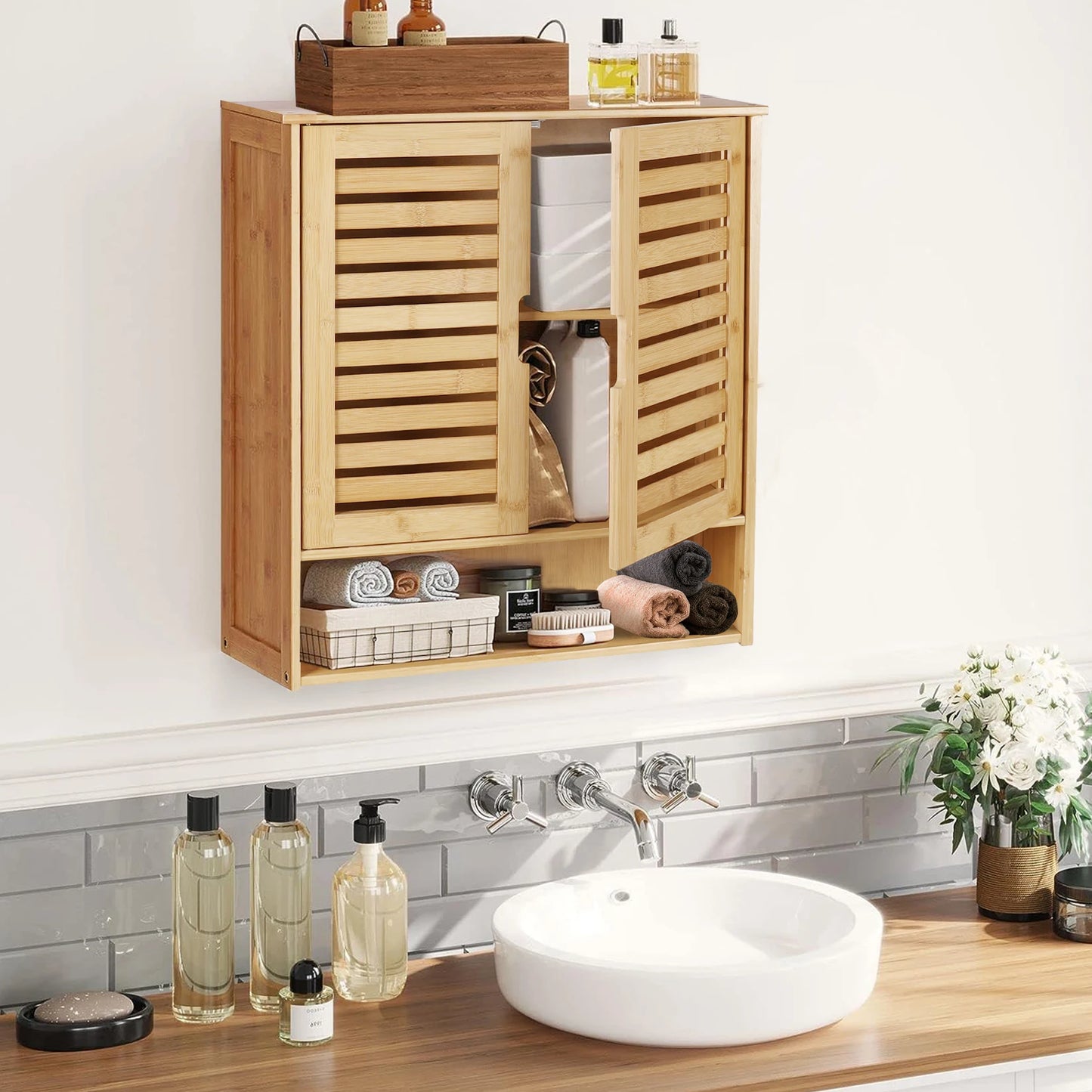 Bathroom Wall Cabinet, Adjustable Shelves, Double Door