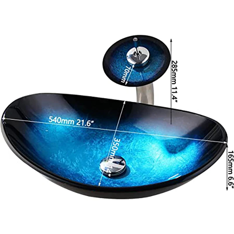 Oval Blue Tempered Glass Sink, Waterfall Black Faucet Tap, Above Counter Basin