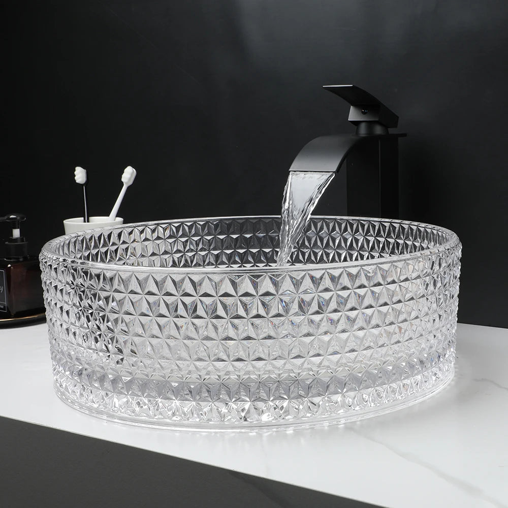 Thick Glass Bathroom Sink, Diamond Shaped Texture W/ Matte Black Faucet