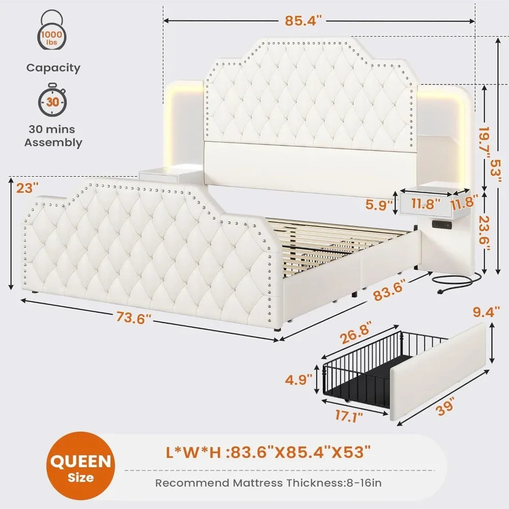Queen Bed Frame, Headboard, 4 Storage Drawers, Leather Upholstery, Charging Station, LED Lights, 2 Bedside Tables