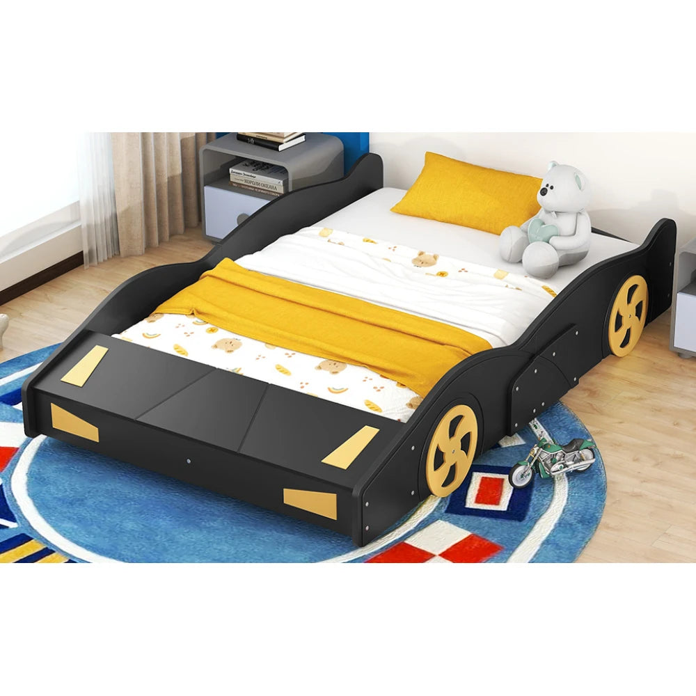 Race Car-Shaped Platform Bed, Full Size, Wheels and Storage