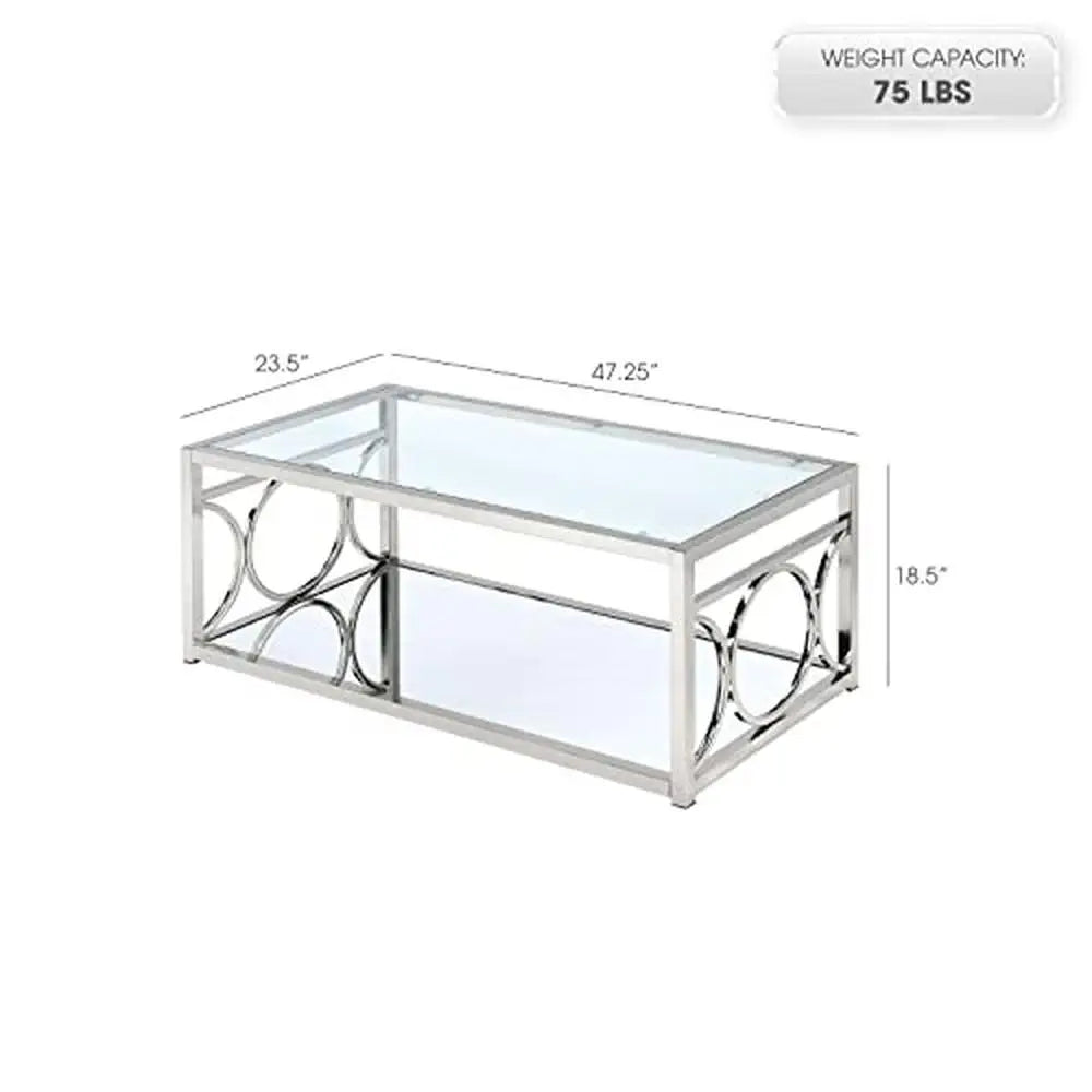 Chrome Glass Coffee Table, Bottom Shelf 47."x 25", Mirror Accents, Beveled Edge
