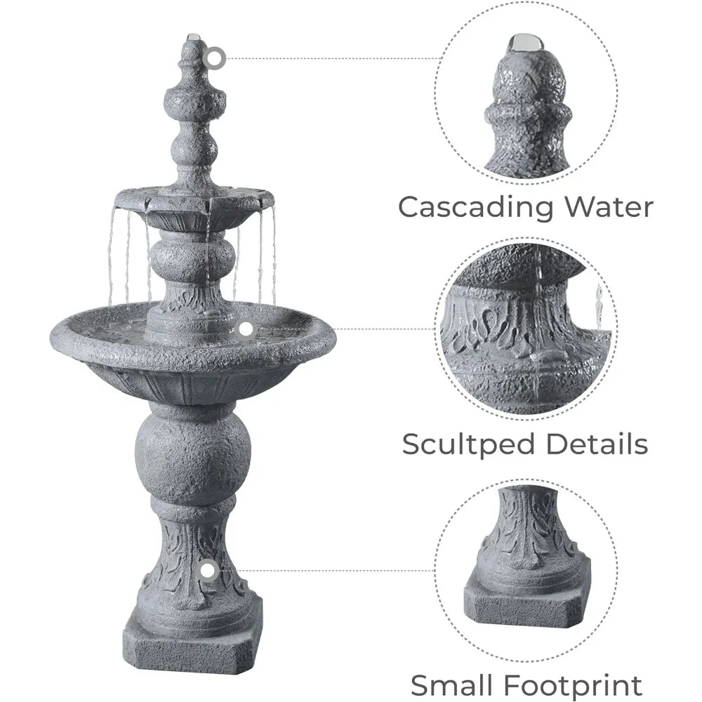 52.56" Outdoor Two-Tier Water Fountain, Realistic ICY Stone Texture