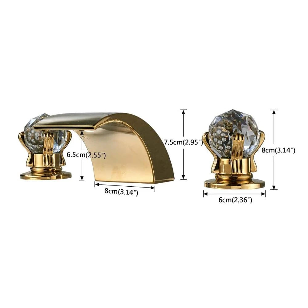 LED Widespread Waterfall Faucet, Gold, Polished, Crystal Knobs