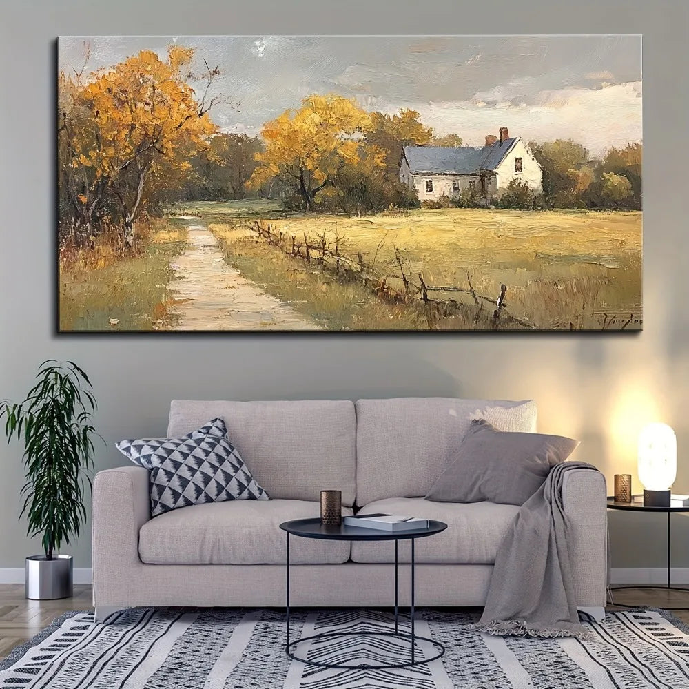 Solid Pine Wood Frame, Large, Natural Canvas Painting Of Farmhouse, 3 Sizes