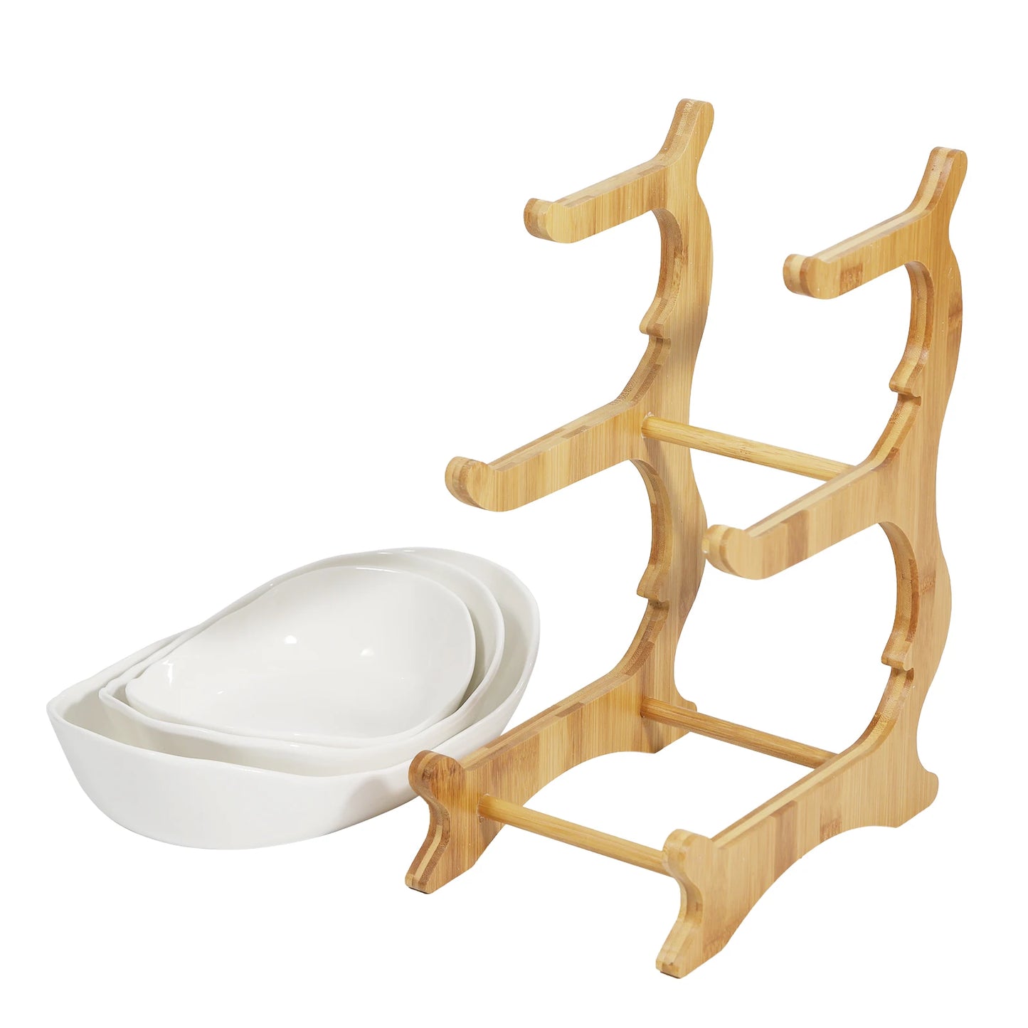 3 Ceramic Bowls Wooden Frame Bowl Holder Organizer