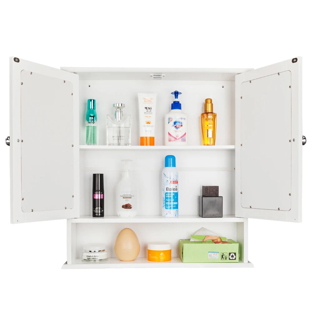 Double Door Mirror Bathroom Cabinet, Shelf, White