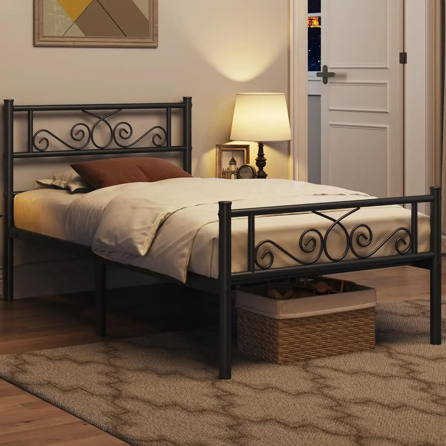Twin Bed Frame, Metal Platform Bed, Headboard, Footboard, No Box Spring Needed