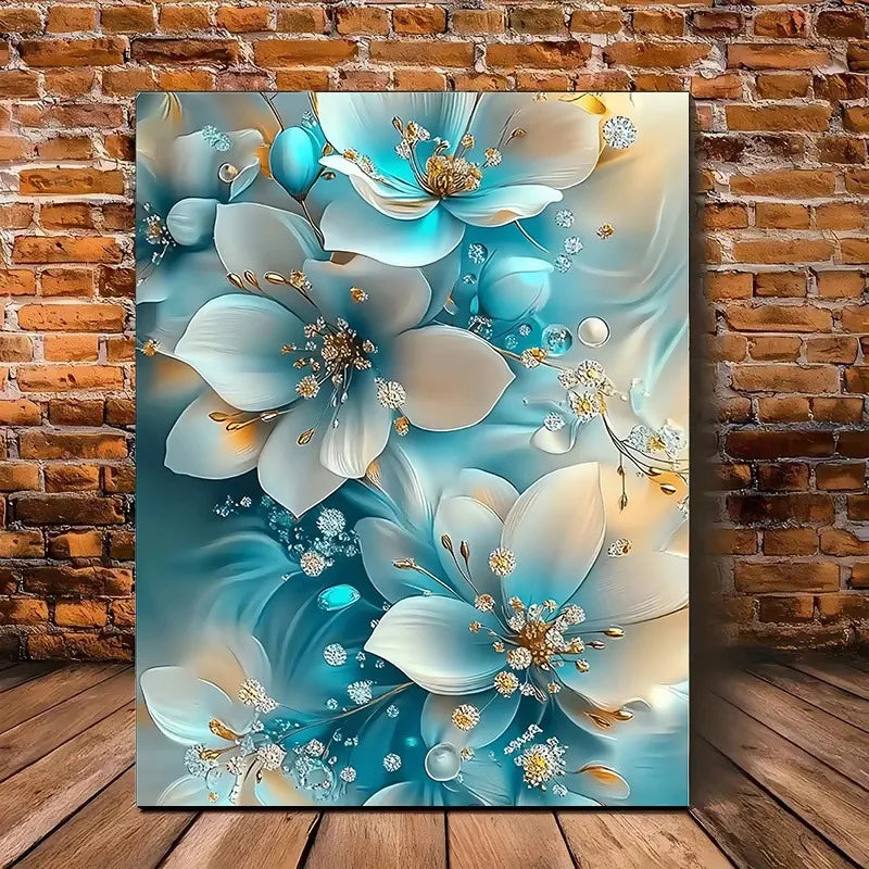 Blue & White Flowers Oil Painting, Framed, Gold Accents